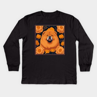 Dogs, chow chow and flowers, dog, seamless print, style vector (yellow version chow-chow) Kids Long Sleeve T-Shirt